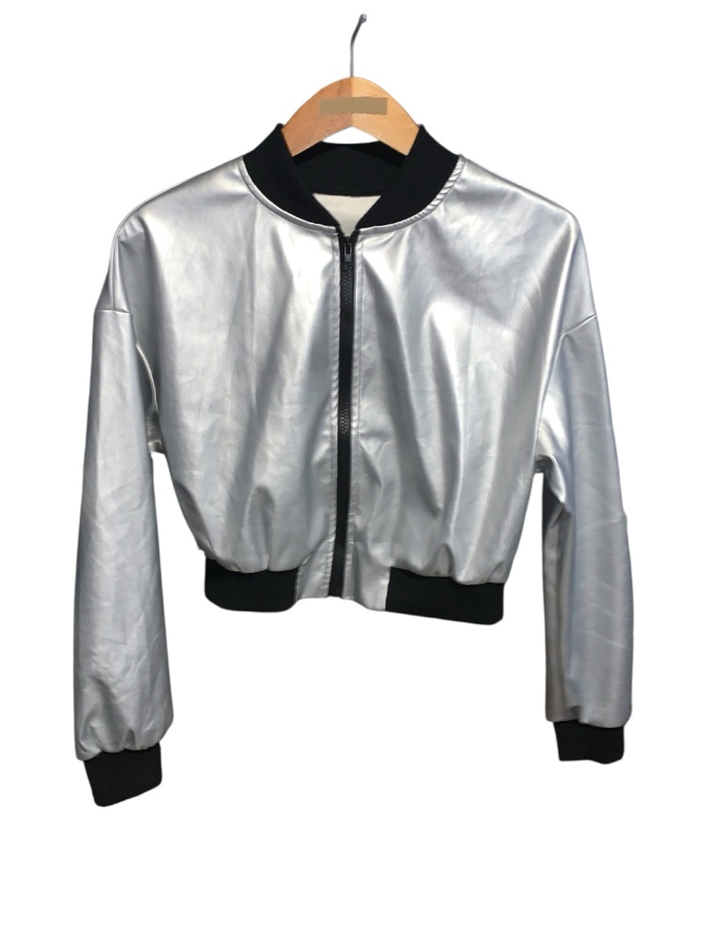 Shein Metallic Silver Bomber Jacket with Black Trim Cropped Hip Hop Dance